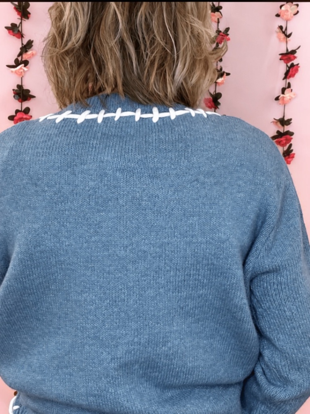 Dusty Blue Football Knit Sweater -BIBI - Picture 3 of 8